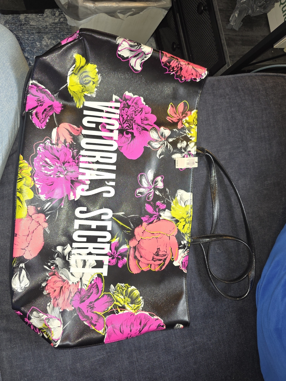 Victoria's Secret Black Floral Tote with Pink & Yellow Blooms